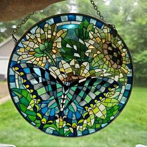 Amia Stained Glass Style Suncatcher Sunflowers Butterfly Round Window Hanging